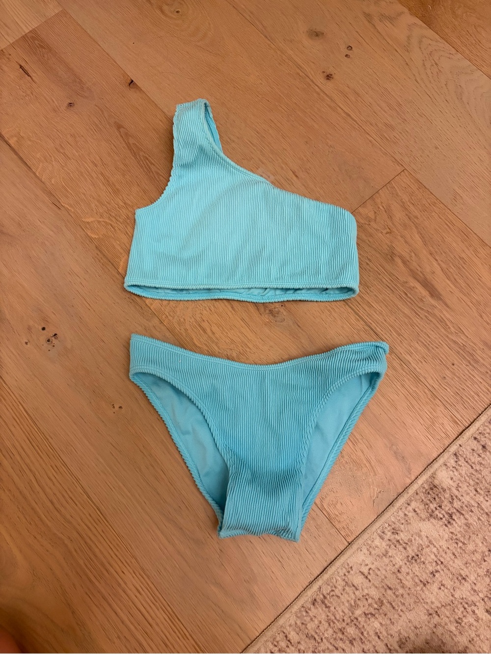 Lulu's One-Shoulder Ribbed Bikini in Aqua Blue